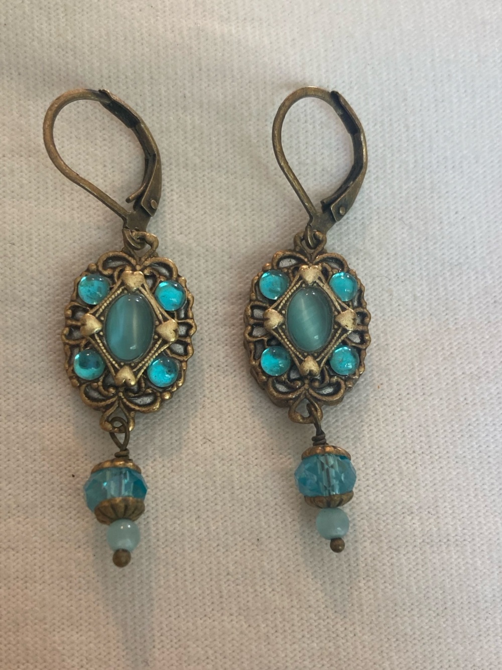 Vintage Signed MG Made in the USA Blue Crystals Lever Back Pierced Earrings